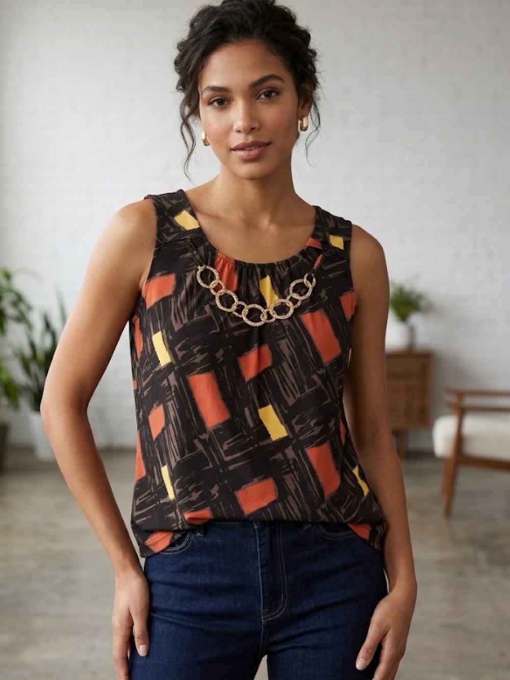 Style & Co. Black Sleeveless Camisole with Red and Yellow Blocks and Gold Chain